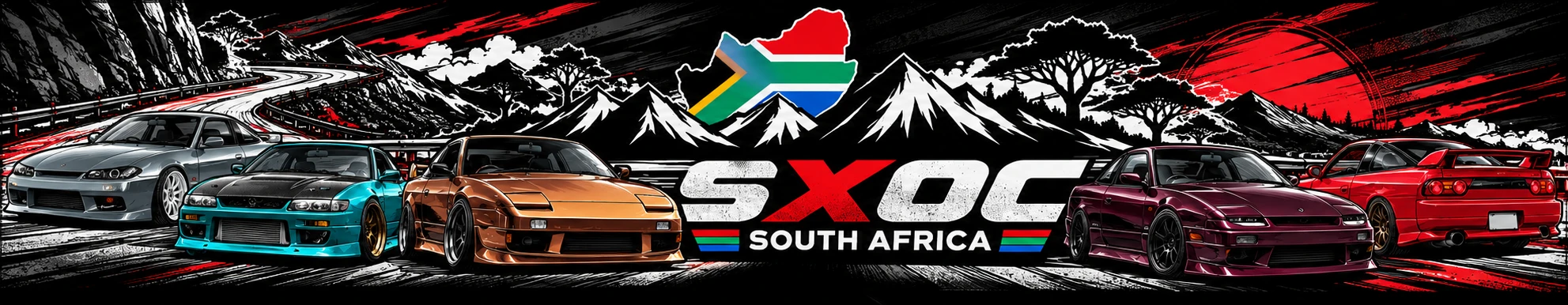 SXOC South Africa: a line-up of Nissan Silvias, 180SXs and 200SXs in front of a South African mountain pass
